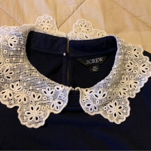 J. Crew Dark Navy Knit Top with White Lace Collar & Wrists Size XXL - Picture 2 of 11